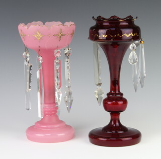 A Victorian pink lustre with glass spheres 20cm (f and r) together with a red and gilt ditto 28cm 
