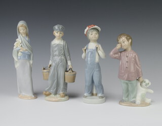 Three Lladro figures - standing girl with lilies 23cm (chips to flowers), standing boy wearing dungarees 21cm, boy with 2 pails 22cm and a Nao figure of a boy with teddybear 19cm 