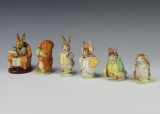 Five Beswick Beatrix Potter figures all with brown stamps to the base - Timmy Willy, Samuel Whiskers, Mrs Rabbit, Mr Benjamin Bunny, Squirrel Nutkin and a Royal Doulton Collectors Bunnykins figure of seated reading rabbit DB54