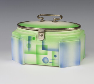 A 1930's Continental shaped green and blue glazed pottery biscuit barrel and cover with chrome mounts and hinged lid B.M.F.N 10cm x 21cm x 15cm 