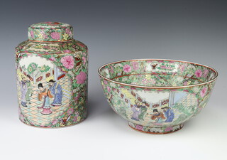 A 20th Century Canton style ginger jar and cover decorated court figures together with a ditto large bowl 30cm 