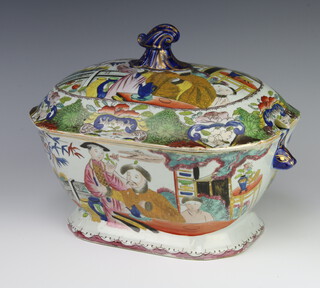 A Victorian Mason patent ironstone Chinese pattern twin handled tureen and cover  decorated figures, the interior of the lid impressed Mason and with black Mason mark, the base with black Mason mark 25cm h x 32cm w x 23cm d 