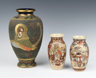 A 1930s satsuma vase decorated with figures seal mark to base 30cm, a pair of oviform ditto decorated with figures 18cm (1 stuck) 