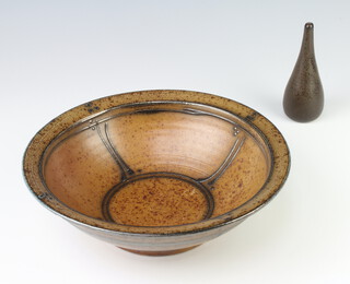A Studio Pottery flared neck bowl 24cm, ditto bottle vase 11cm 