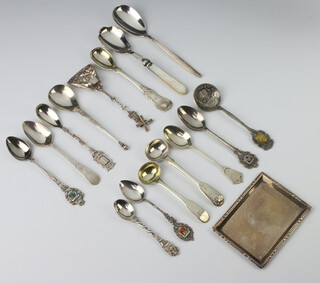 A rectangular silver pin tray Birmingham 1920, 28 grams, a quantity of white metal spoons 84 grams
