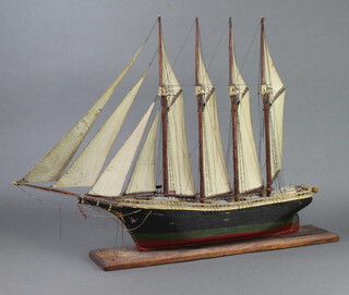 Villy Sona, a wooden model of a 4 masted sailing ship Ellaparnue, with handwritten label marked 15th May 1926 and Bentalls suppository label dated 7-3-62, 48cm h x 67cm w x 10cm d  