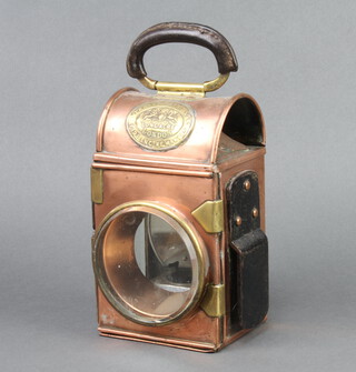 Merryweather and Sons, a 19th Century copper and brass fire engine lamp with carrying handle 21cm x 12cm x 10cm 