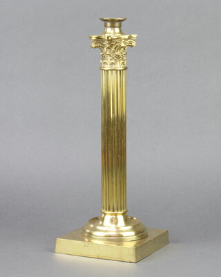 A Victorian brass oil lamp base in the form of a reeded column with Corinthian capital raised on square base 33cm h x 13cm x 13cm