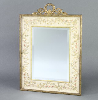A 1930's Regency style rectangular bevelled plate mirror contained in a decorative gilt and embroidered frame 38cm x 27cm  