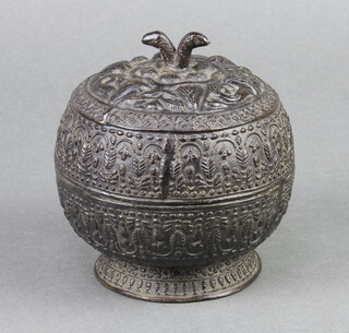An Eastern circular cast bronze jar and cover raised on a spreading foot 9cm x 9cm 
