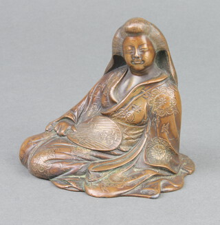 A Japanese bronze figure of a seated lady with fan 7cm x 9cm x 7cm 