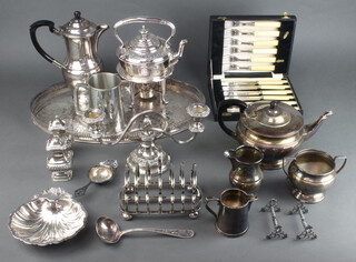 A silver plated Art Deco 4 piece tea set with ebony mounts, ditto kettle on stand with burner and minor plated wares 