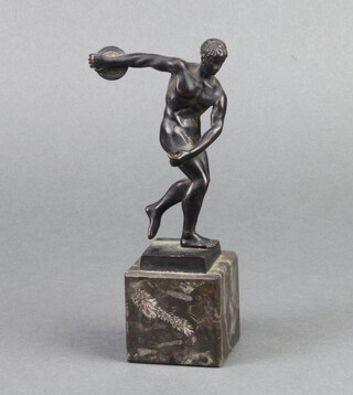 A 19th Century classical bronze figure of a discus thrower, raised on a marble base 17cm h x 5cm w x 5cm d  