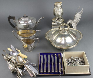 A silver plated triform entree dish and cover, a 3 piece tea set and minor plated wares 