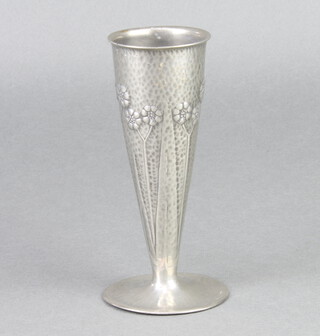 An Archibald Knox Tudric pewter vase with floral decoration stamped 0821, 15cm h x 7cm w