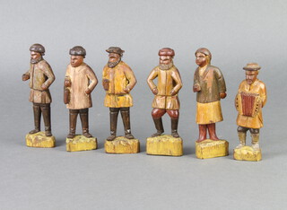 Six Continental carved wooden figures - accordion player and others 13cm x 4cm x 3cm 