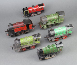 A Hornby O gauge clockwork locomotive complete with key, a Hornby type 501 (no key), a Meccano ditto (no key) and 3 other O gauge clockwork locomotives (all play worn) 