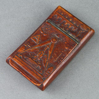 A Masonic 18th/19th Century carved walnut tobacco/snuff box with 18th degree Rose Croix symbol to the lid and having 5 arched bridge 1cm h x 5cm w x 9cm d 
