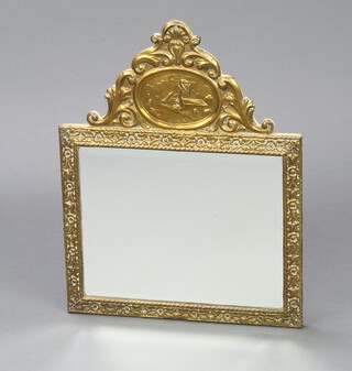A Dutch rectangular bevelled plate mirror contained in an embossed frame, the arched top decorated a windmill 43cm h x 33cm 
 