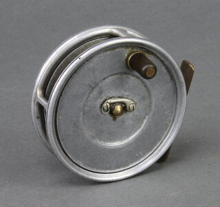 A 1920's Hardy Uniqua 3 3/8" trout fishing reel with telephone latch and smooth brass foot  