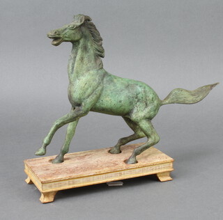 A Chinese style verdigris bronze figure of a walking horse raised on a hardwood base 22cm h x 33cm w x 5cm d 