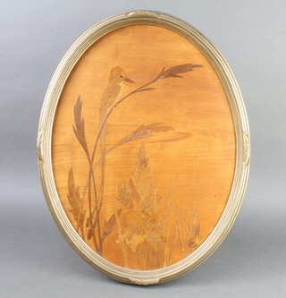 Albert James Rowley (1899-1931), an oval parquetry panel depicting a kingfisher, contained in a gilt frame 54cm x 42cm, the reverse with A J Rowley, The Rowley Gallery 140-2 Church Street, Kensington label marked Bird  