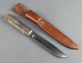 E A Barnes of Brighton, a hunting knife, the 14cm blade marks Barnes Brighton with horn grip and leather scabbard 