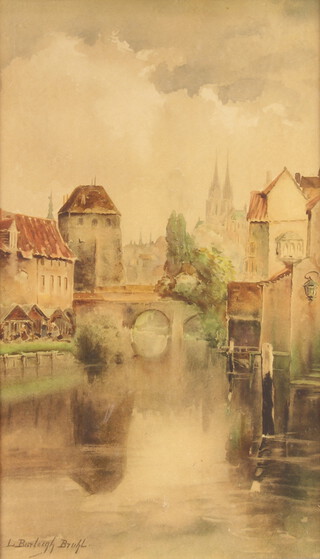 L Burleigh Bruhl, print, townscape with buildings and bridge 50cm x 39cm, contained in a decorative gilt frame 