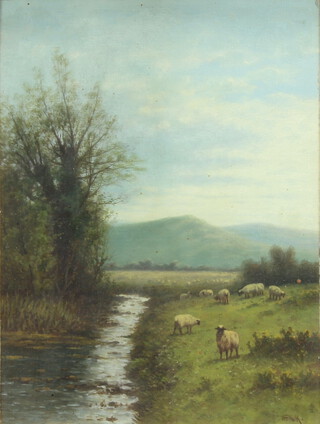 William Frederick Hulk (1852-1906), oil on board signed, study of sheep beside a stream with distant hills, 29cm x 22cm 