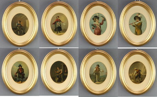A set of 8 19th Century style oval enhanced prints on board, studies of artisans and musicians 12cm x 9cm, contained in painted gilt frames 