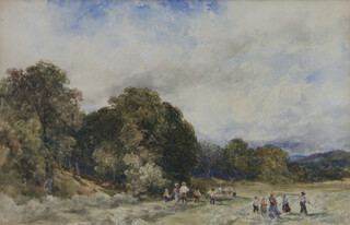 Bennett, watercolour signed, farm workers gathering crops in an extensive landscape 34cm x 54cm 