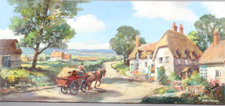 Max Hofler (1892-1963) oil on board, Country Scene with cottages, unframed 20cm x 44cm