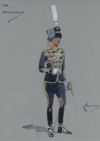 Cedric Westeey, watercolour drawing signed to bottom right hand corner "Captain of The Third Hussars" 29cm x 20cm, contained in a Hogarth frame, the reverse with Parker Gallery label 
