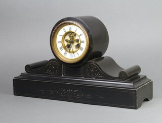 Martine, a French 8 day striking mantel clock with enamelled dial, Roman numerals and visible escapement, contained in a black marble case, back plate marked 17422 27cm h x 45cm w x 14cm d, complete with pendulum but no key 