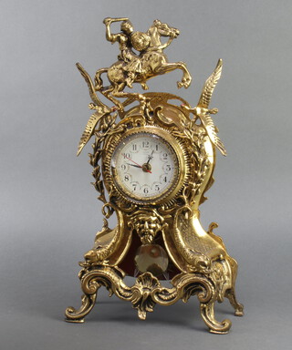 A battery operated mantel timepiece with paper dial and Arabic numerals contained in a gilt metal case surmounted by a figure of a warrior 44cm h x 26cm w x 10cm d 

