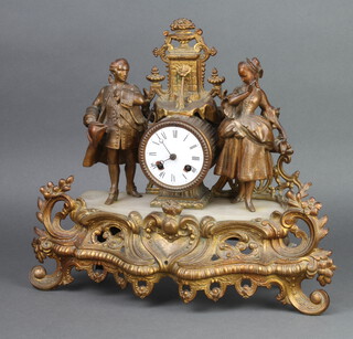 A 19th Century French 8 day striking mantel clock with enamelled dial and Roman numerals, contained in a gilt painted spelter case supported by a figure of standing lady and gentleman 35cm h x 40cm w x 9cm d 