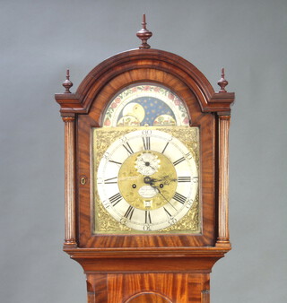 Henry Goddard of Tenterden, an 18th Century 8 day striking on bell longcase clock with 5 pillar movement, the 30cm arched dial with phases of the moon, gilt spandrels, silvered chapter ring, roman numerals, minute indicator and calendar aperture, the dial signed Henry Goddard Tenterden, contained in a mahogany case with canted reeded corners, 221cm h x 45cm w x 24cm d, complete with pendulum, weights and key