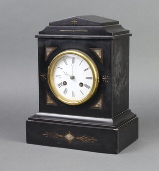 A 19th Century French 8 day striking mantel clock with enamelled dial and Roman numerals contained in a black marble case 28cm h x 21cm w x 13cm d, complete with pendulum and key, chips by the winding holes 