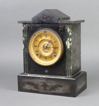A 19th Century American 8 day striking mantel clock with gilt dial and Roman numerals contained in a black and green marble architectural case 30cm h x 22cm w x 12cm d, complete with pendulum and key 
