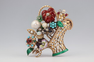 A fine yellow metal brooch in the form of a basket of flowers with enamelled petals set with diamonds, turquoise, opals, natural pearls, seed pearls, 24 grams gross, 5cm x 5.5cm 