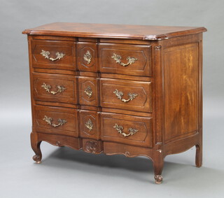 A French oak serpentine fronted chest with crossbanded top, fitted 3 drawers, raised on cabriole supports 87cm h x 113cm w x 50cm d 