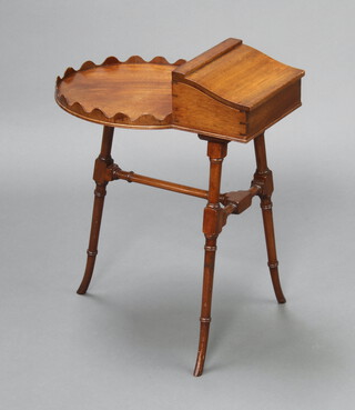 A Georgian style oval shaped smokers table incorporating a box with hinged lid, raised on turned supports with T shaped stretcher 59cm h x 49cm w x 23cm d 