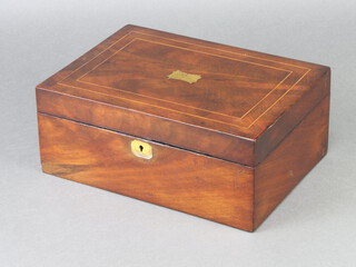 A Victorian mahogany and inlaid satinwood jewellery box with hinged lid, fitted a tray to the interior 10cm h x 28cm w x 20cm d 