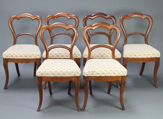 A set of 6 Victorian mahogany balloon back dining chairs with shaped mid rails and drop in seats, raised on cabriole supports 87cm h x 47cm w x 40cm d (seats 26cm x 30cm) 