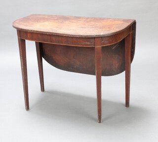 A Georgian mahogany demi-lune drop flap tea table raised on square tapered supports 72cm h x 91cm w x 47cm d 