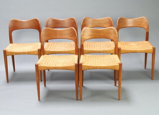 Mogens Kold, a set of 6 1960's teak dining chairs with paper cord seats designed by Arne Hovmand Olsen for Mogens Kold, with sculpted bow shaped backs, 1 with label marked Danish MK and 4 with labels to seats 78cm h x 48cm w x 40cm d (seats 30cm x 26cm) 