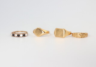 Three 18ct yellow gold rings, 13 grams and a 9ct yellow gold gem set ring 2 grams 