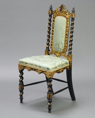 A Victorian ebonised and gilt painted papier mache hall chair with upholstered seat and back raised on spiral turned supports 95cm h x 42cm w x 36cm d (seat 20cm x 21cm)  