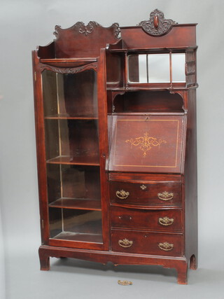 An Edwardian Art Nouveau carved and inlaid mahogany students bureau, the raised back fitted a mirror above recess with fall front above 3 drawers with brass swan neck handles and having a display cabinet to the side enclosed by a glazed panelled door 175cm w x 102cm w x 34cm d  