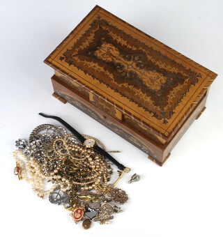 A Sorrento inlaid musical jewellery box and minor costume jewellery, watches 